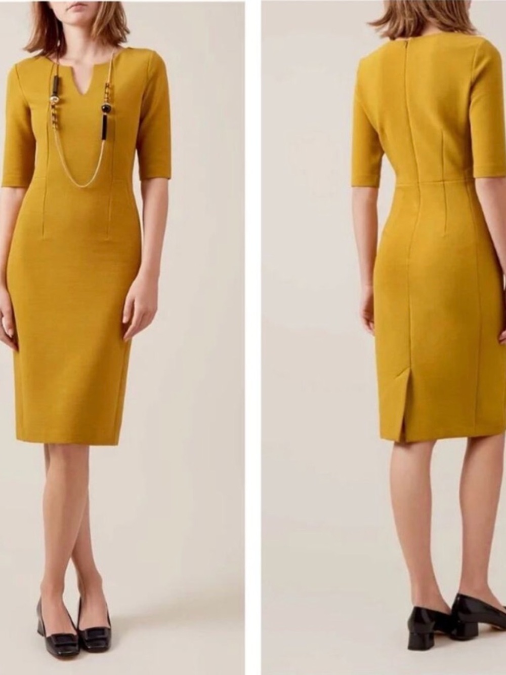 Hobbs London Mustard Midi Sheath Dress